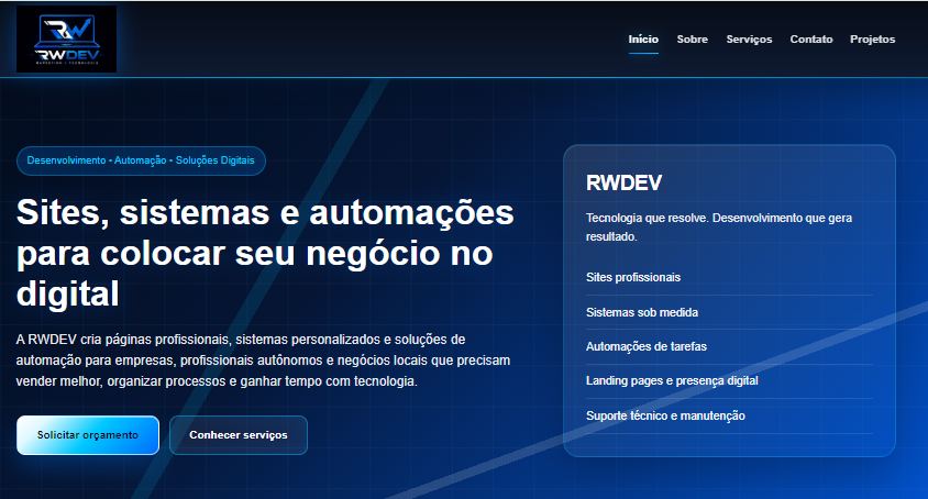 Imagem da página inicial da RWDEV